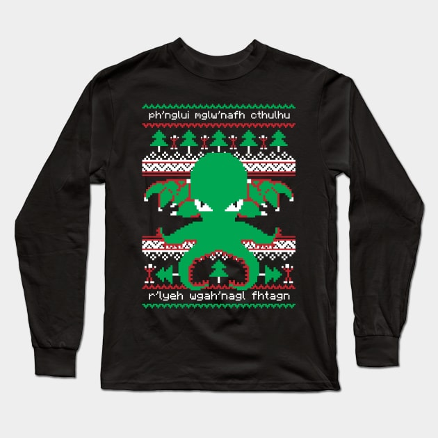 Ugly Christmas Sweater Cthulhu Long Sleeve T-Shirt by RetroReview